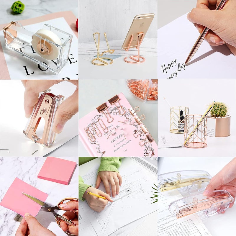 Famassi Rose Gold Office Supplies and Accessories, Acrylic Stapler, Staple Remover, Tape Holder, Ballpoint Pen, Scissor, Binder Clips, Staples, Phone Holder, Ruler, Transparent Glue and 300 Notes - Image 5